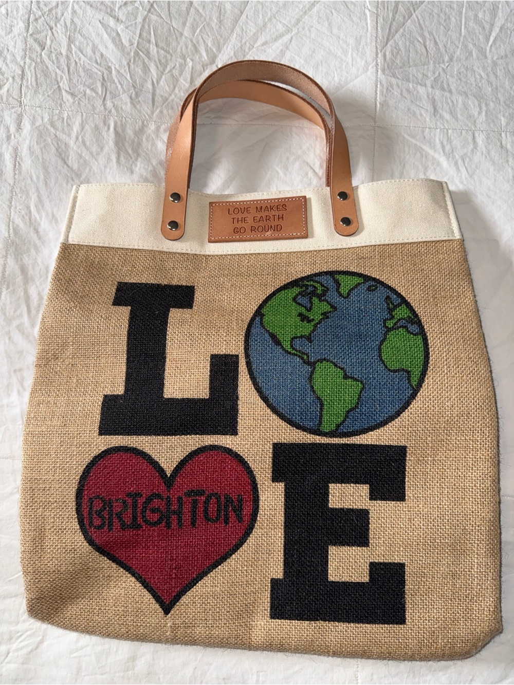 Brighton Natural Canvas Tote with Red Heart and Blue/Green Earth